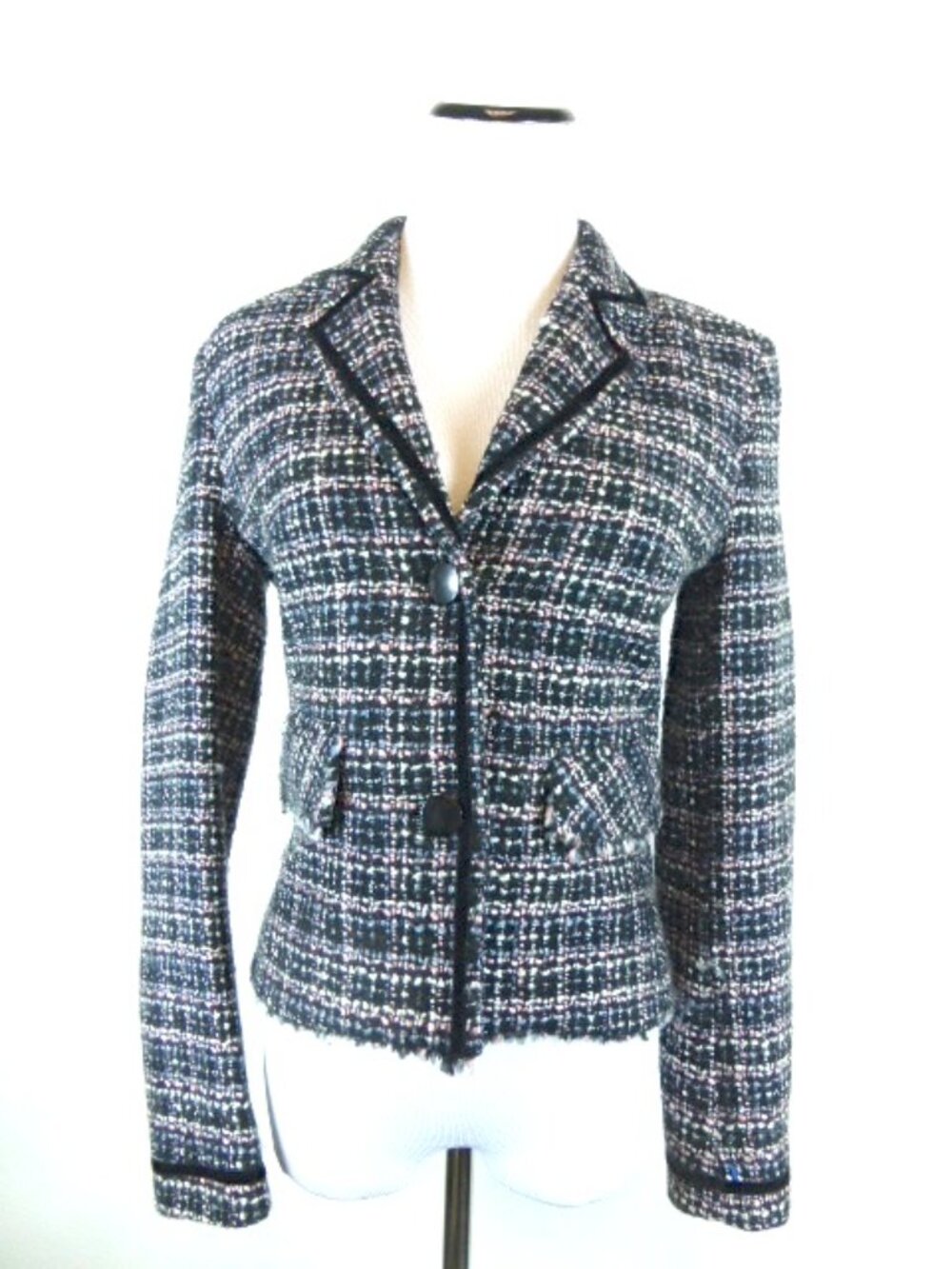 CHARLES GRAY England black tweed plaid fringe blazer 2 wool blend